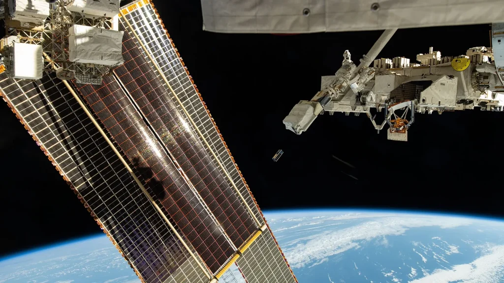 A broadband satellite in Earth's orbit during deployment