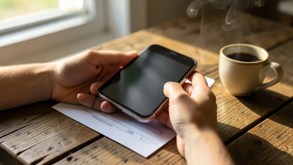 Hands holding a phone above a paper check on a table