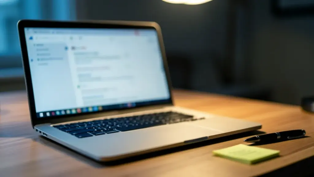 Laptop showing a blurred inbox on a home desk