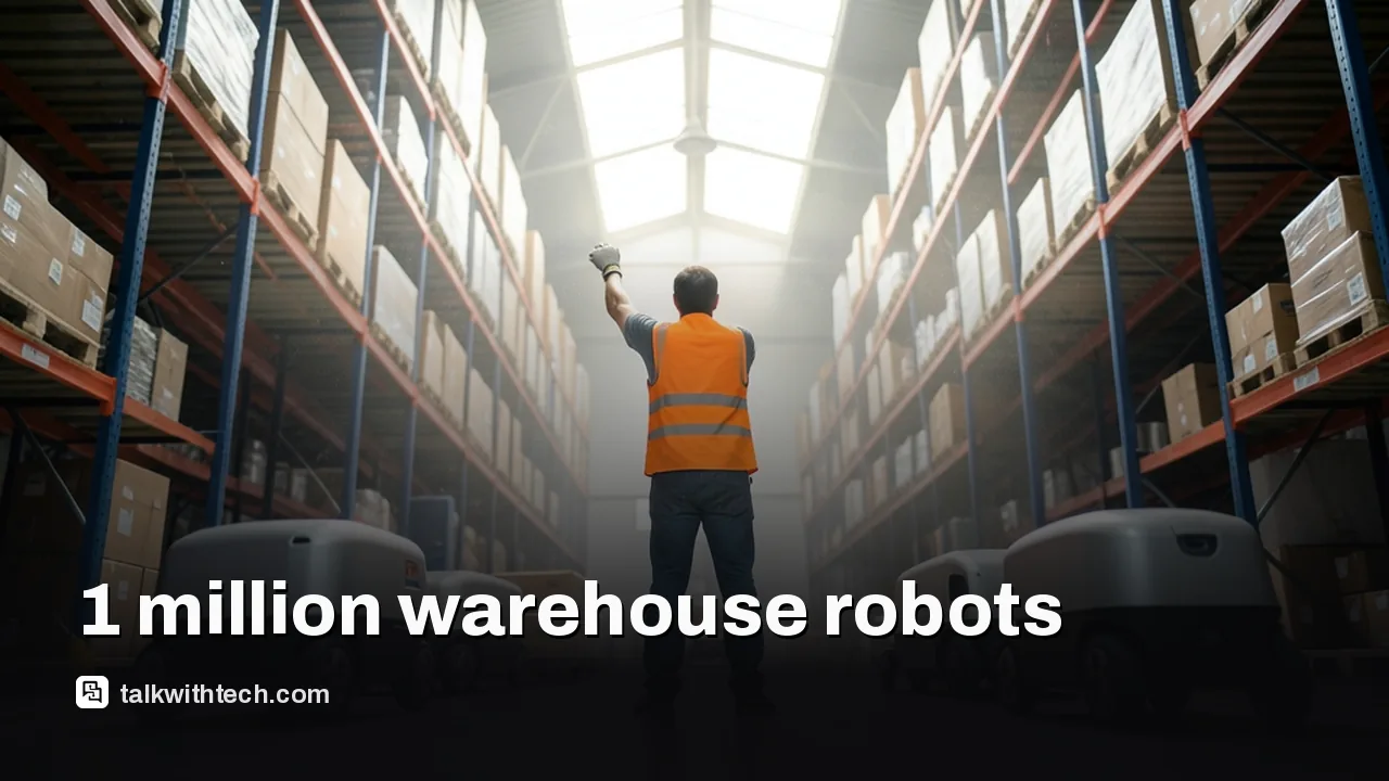 Warehouse aisle with robots moving shelves and a worker reaching to pick an item