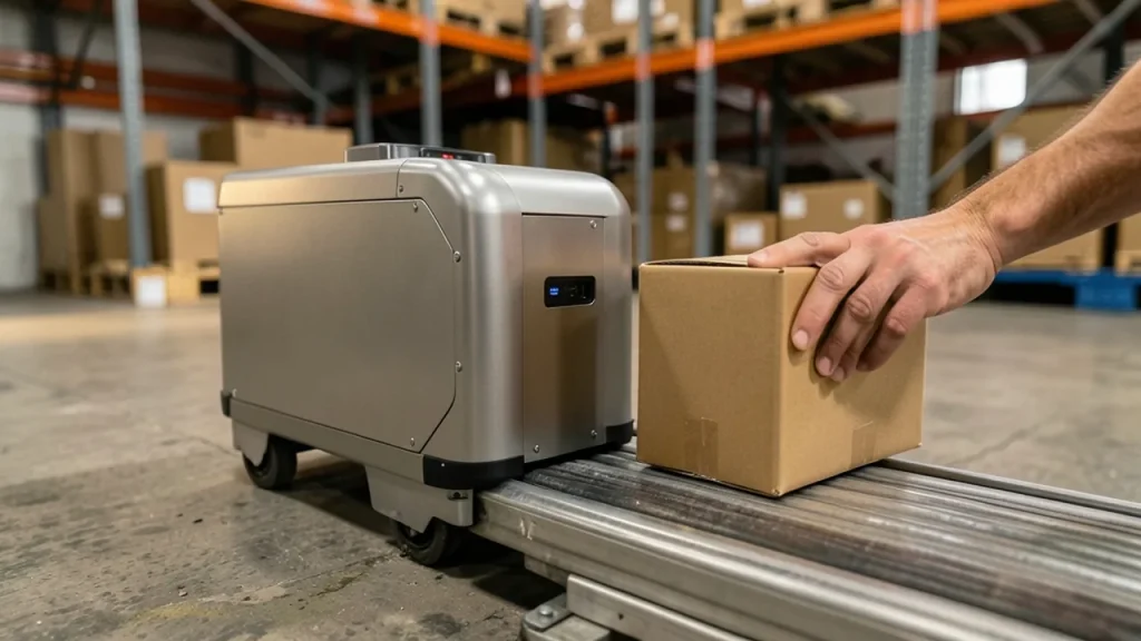 Robot platform and human hand placing box on conveyor in warehouse