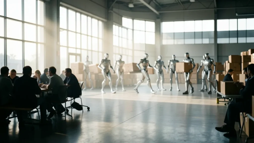 Workers resting while robots move through warehouse in background