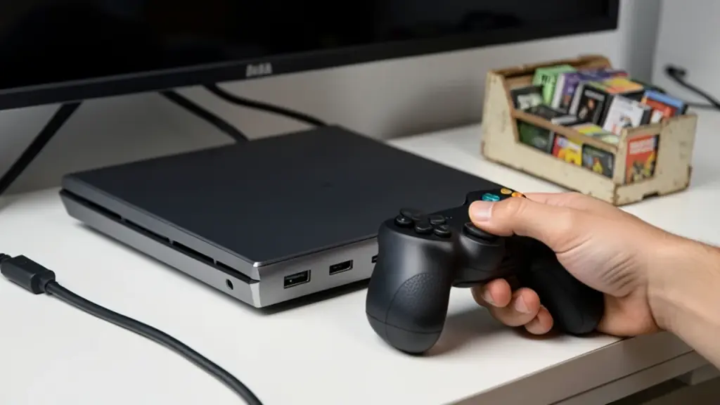 Wireless controller pairing near the console.