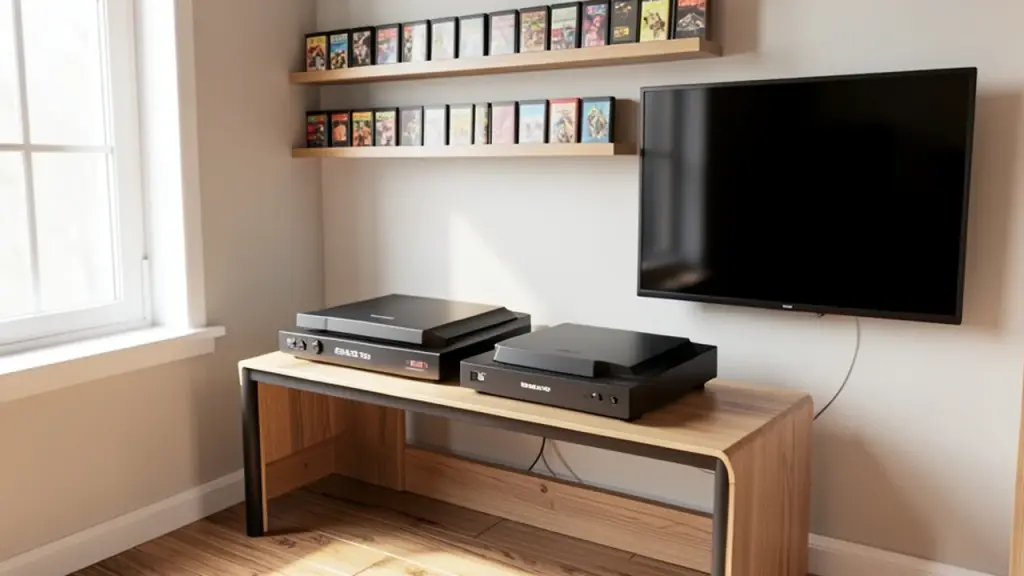 Home setup showing retro cartridge collection and updated consoles.