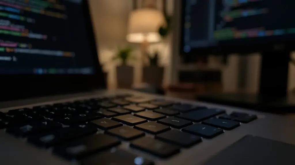 Dim home office desk with a keyboard and a blurred dark monitor at night