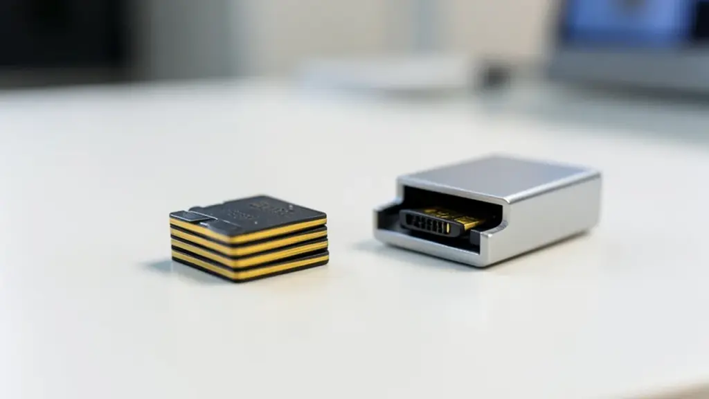 Stack of microSD memory cards beside a card reader on a desk