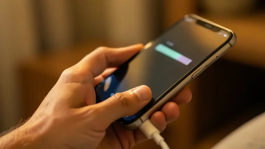 A charging phone showing a blurred update progress bar