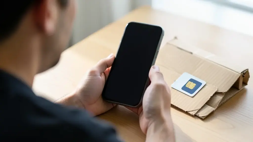 Blick über die Schulter auf ein Smartphone mit dunklem Bildschirm, zerrissenes App‑Paket und SIM‑Karte auf dem Tisch
