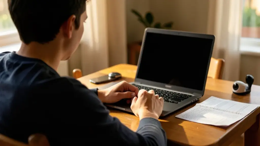 Person am Tisch mit ausgeschaltetem Telefon und Laptop, besorgte Haltung, impliziert Gerätekompromittierung