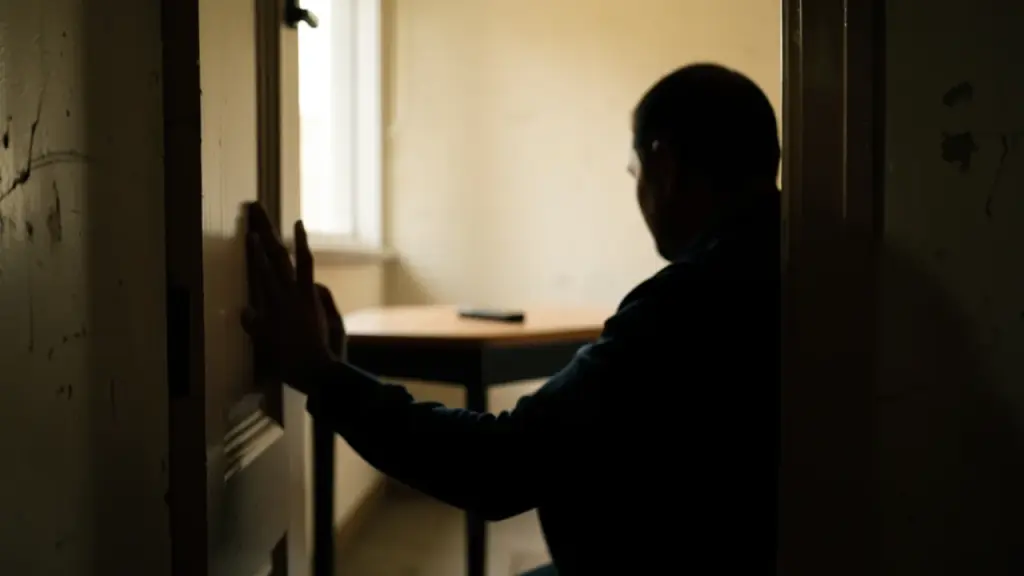 Silhouette crouching into doorway brace position, phone on table blurred
