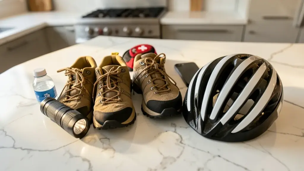 Emergency kit on kitchen island with phone face-down beside supplies