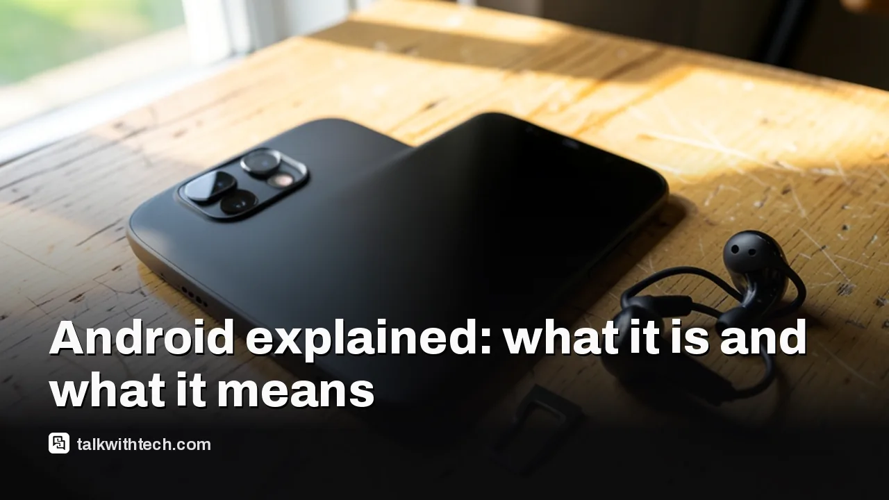 Mid-range smartphone on café table with earbuds and SIM tool, natural light