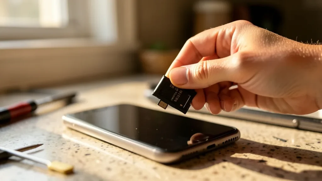 Hand inserting microSD tray into budget phone on kitchen counter