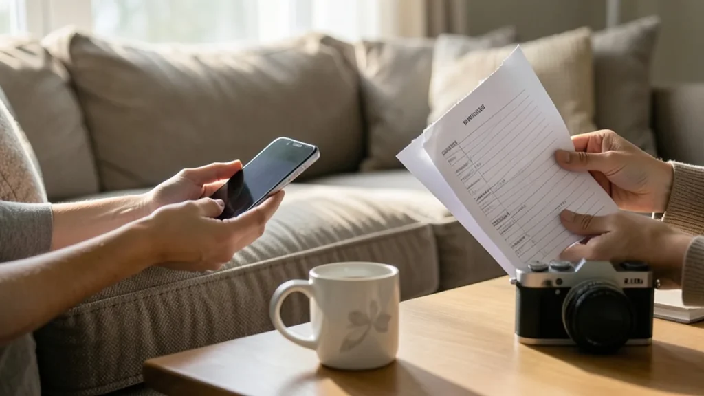 Hands on sofa with phone and checklist, coffee mug, soft indoor light