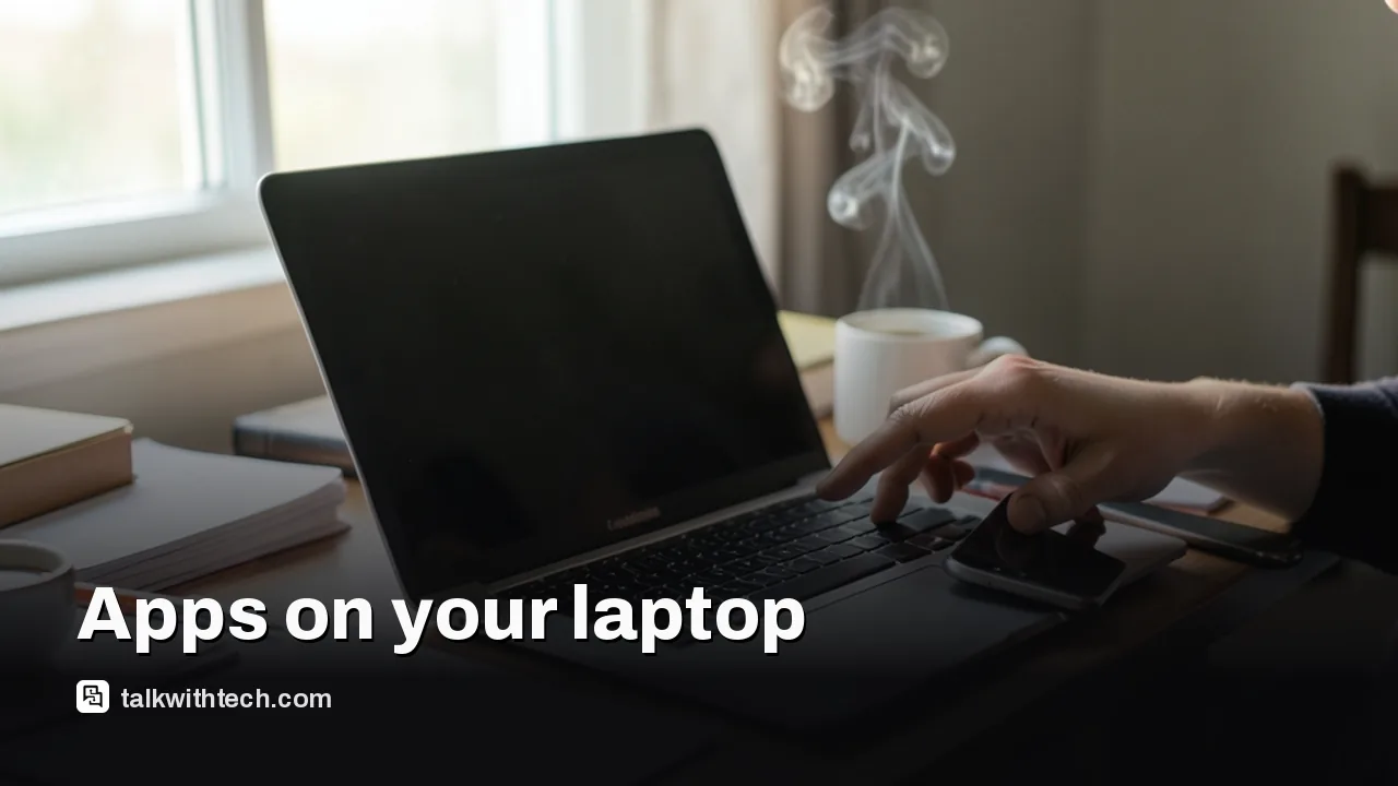 Laptop and phone mid-setup on a home desk, hand reaching to restart