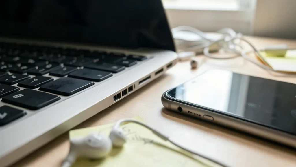 Close view of laptop hinge, phone face-down and earbuds implying setup issues