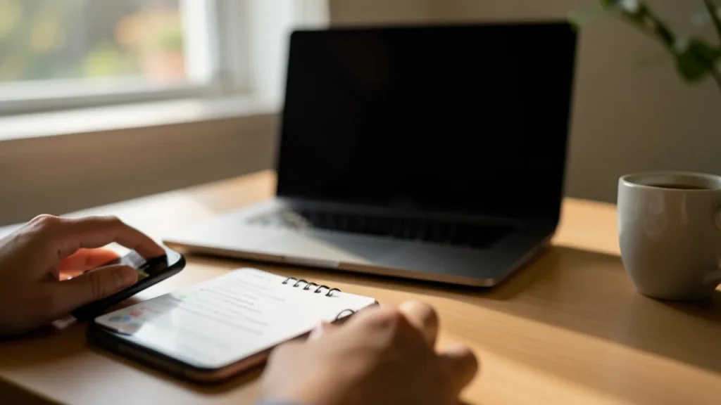 Hands holding phone with dark laptop silhouette in background, everyday setup context
