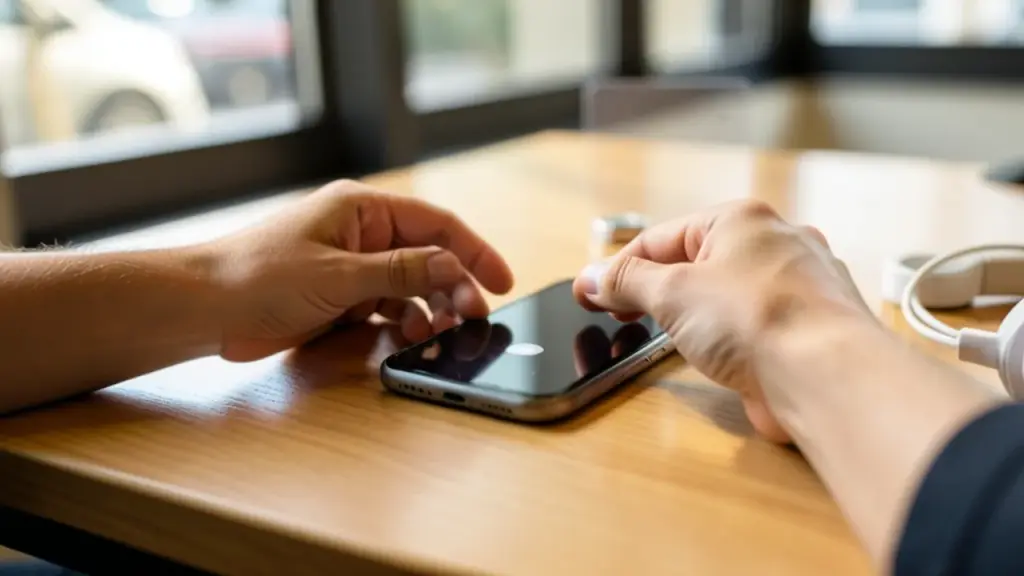 Over-the-shoulder hands above dark phone on cafe table with token and headphones.