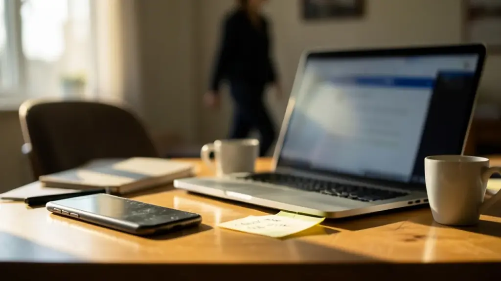Home desk with phone face-down, laptop, sticky note and coffee cup in sunlight.