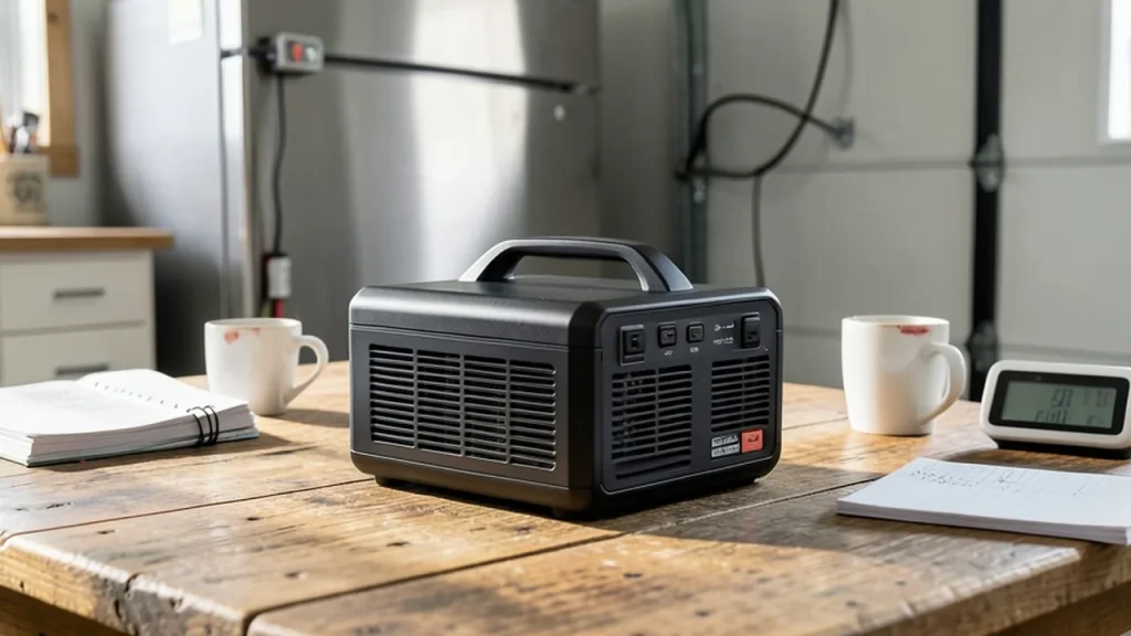 Portable power station on a garage table near a household fridge indicating long runtime.