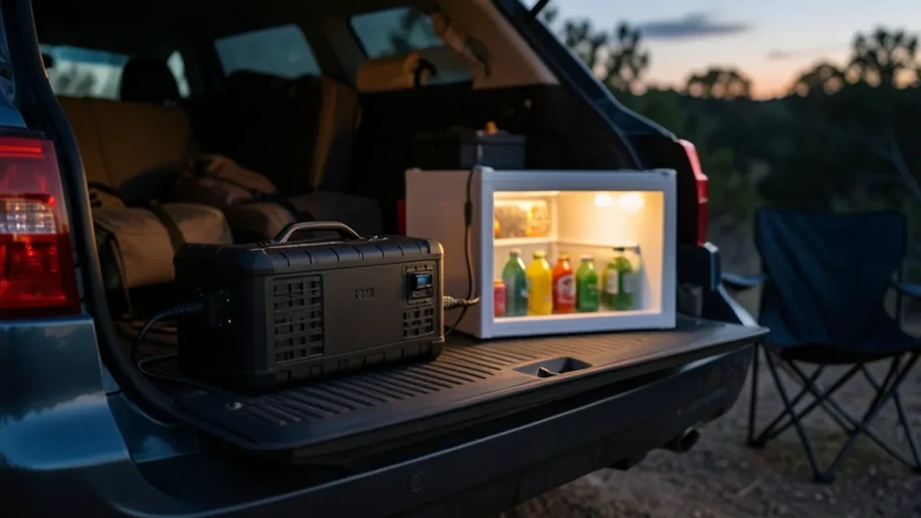 Portable 1500W power station powering a camping fridge in an SUV tailgate at dusk.