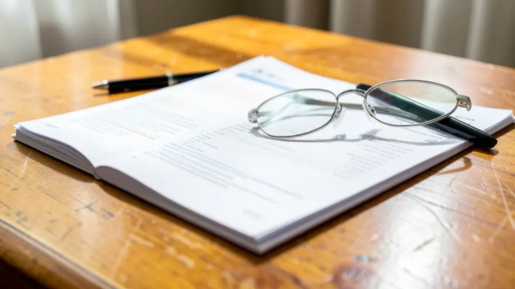 Open printed financial filing on a desk with glasses and a pen