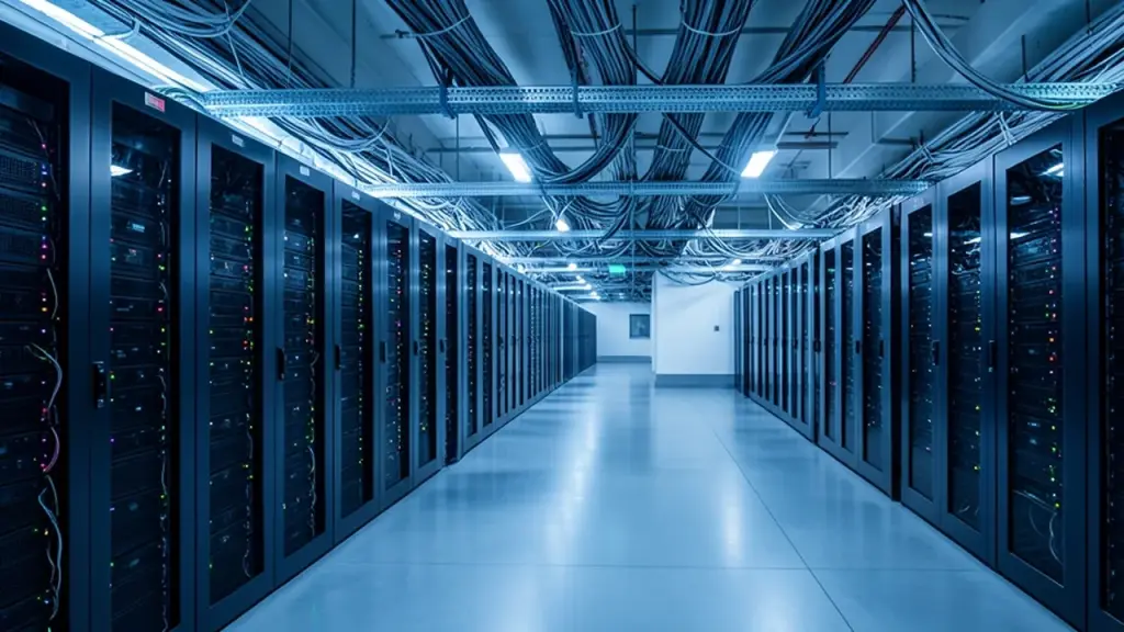 Rows of server racks in a large data center