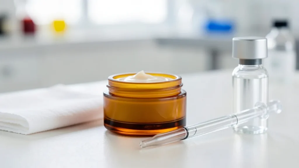 Amber jar and pipette on lab bench with gauze, clinical background blurred