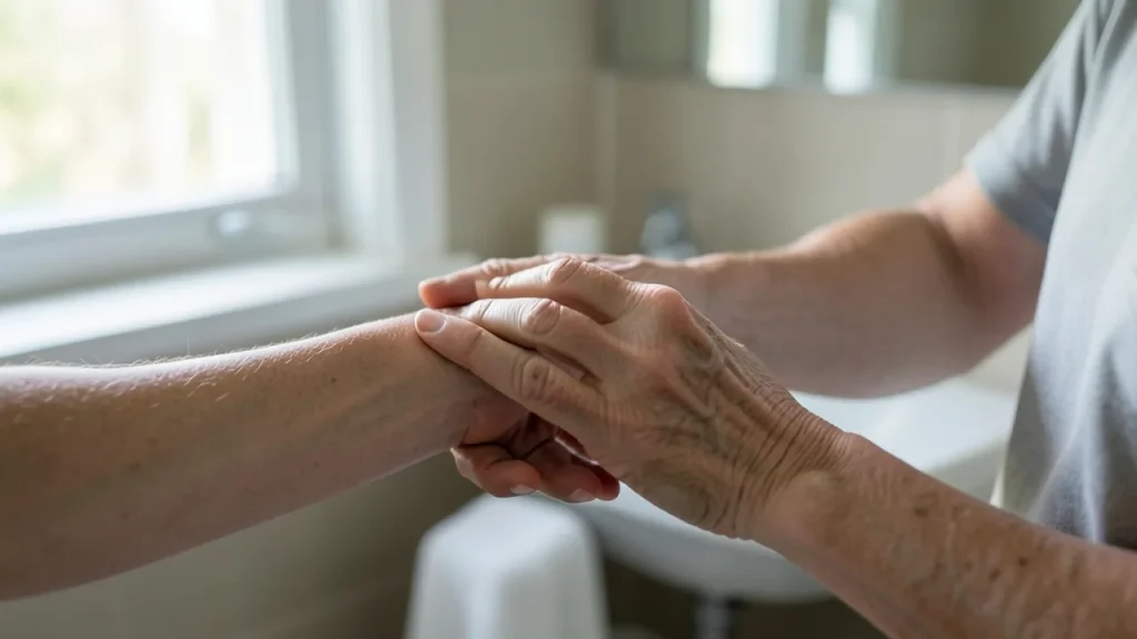 Person inspecting forearm skin in morning light by bathroom window