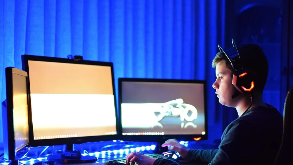 A computer setup showing a monitor and desktop PC.