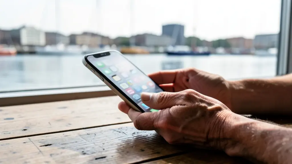 Hands holding a phone with a blurred app grid at a cafe