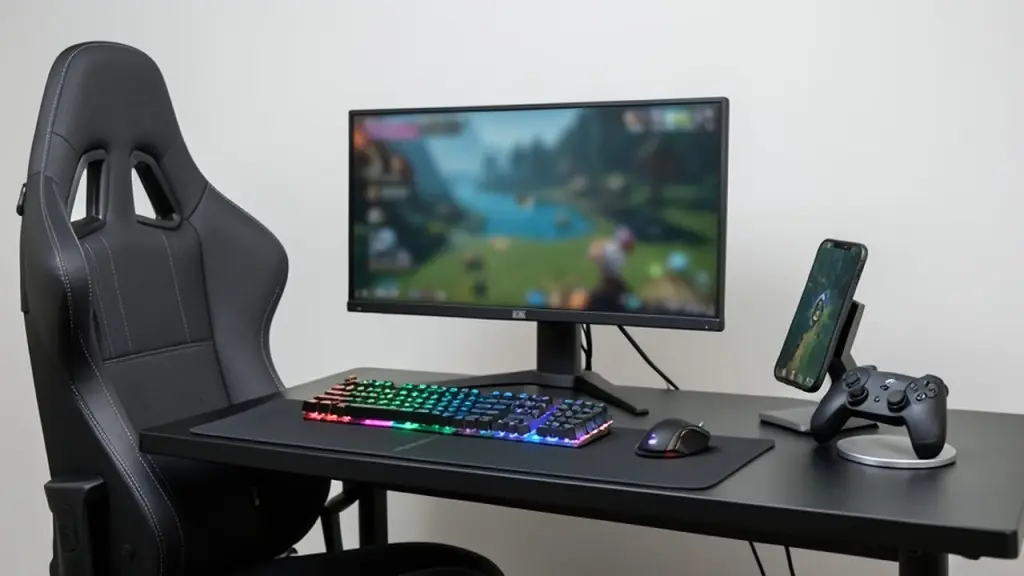 Phone on a stand beside a game controller at home