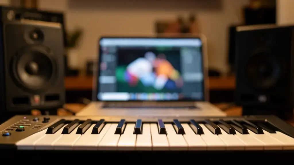 A home music studio with a keyboard, speakers and a laptop