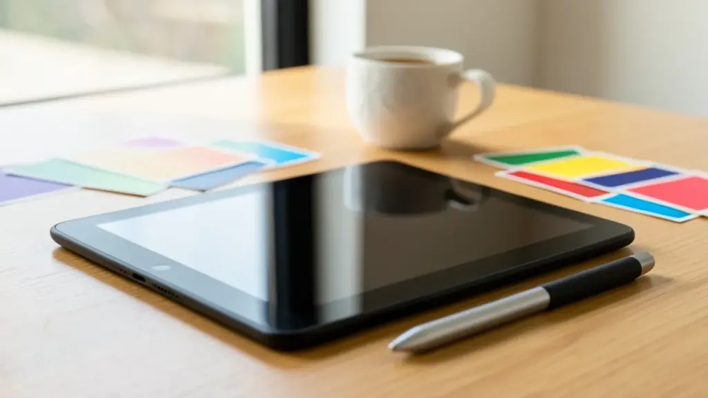 A tablet and stylus on a designer's desk beside color swatches