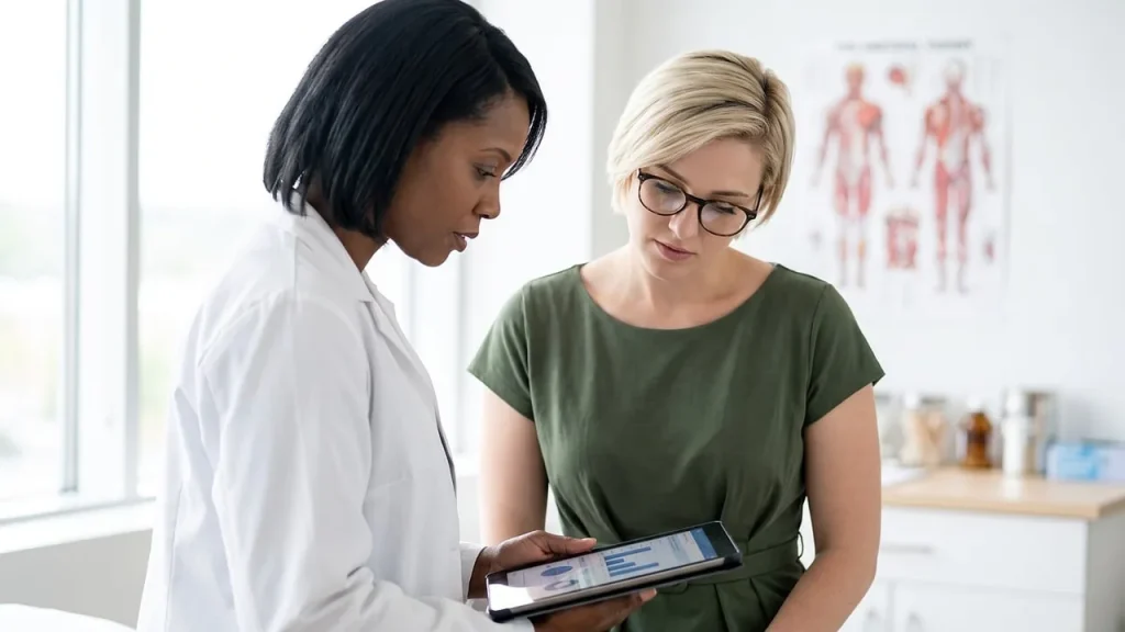 Person sieht sich Gesundheitsdaten auf einem Tablet mit Diagrammen an