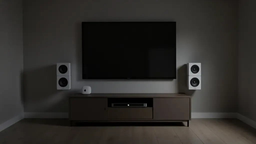 Four HomePods in surround-sound layout with Apple TV 4K