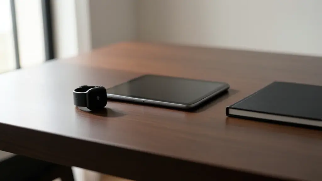 Calm home setting with wearable and device in sleep mode.