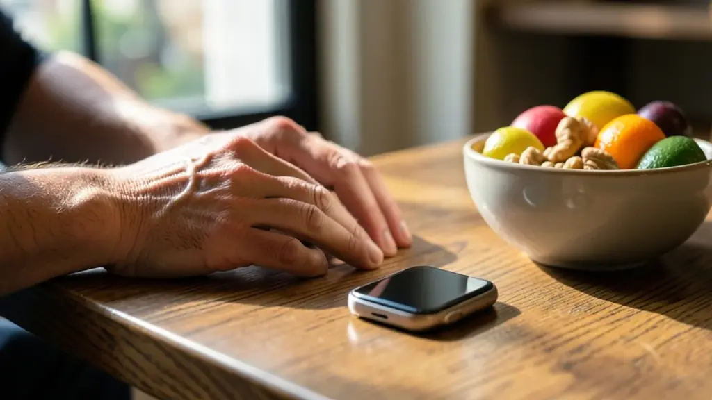 Hands with wearables and healthy snack in a cozy cafe setting.
