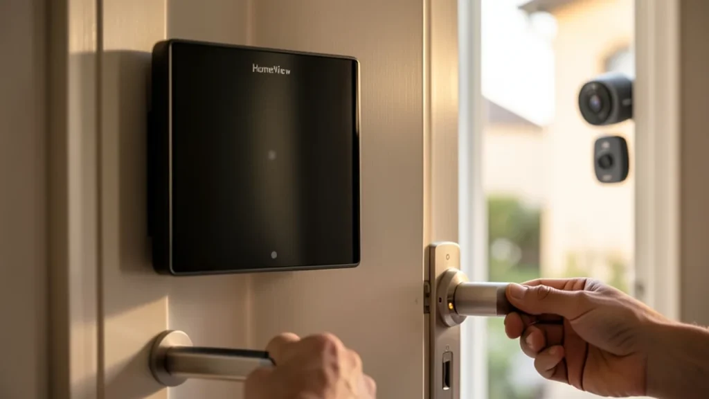 Wall-mounted HomeView near door with doorbell and outdoor camera visible