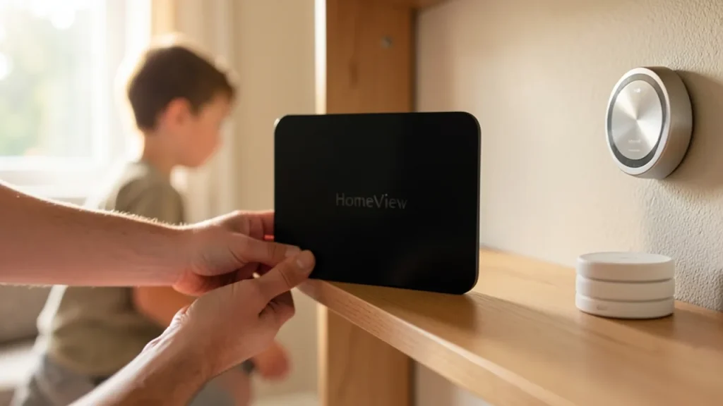 Person placing HomeView on shelf with sensors and thermostat nearby