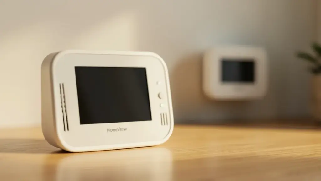 Side view of HomeView device with wall thermostat blurred in background