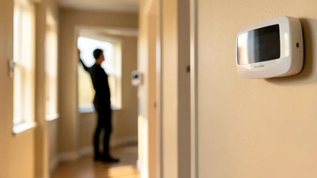 Two HomeView devices and a thermostat in rooms, person adjusting HVAC from distance