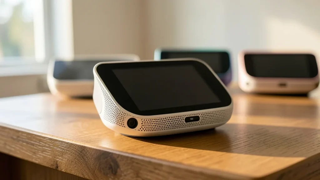 HomeView device on countertop stand with visible cameras and speaker grille