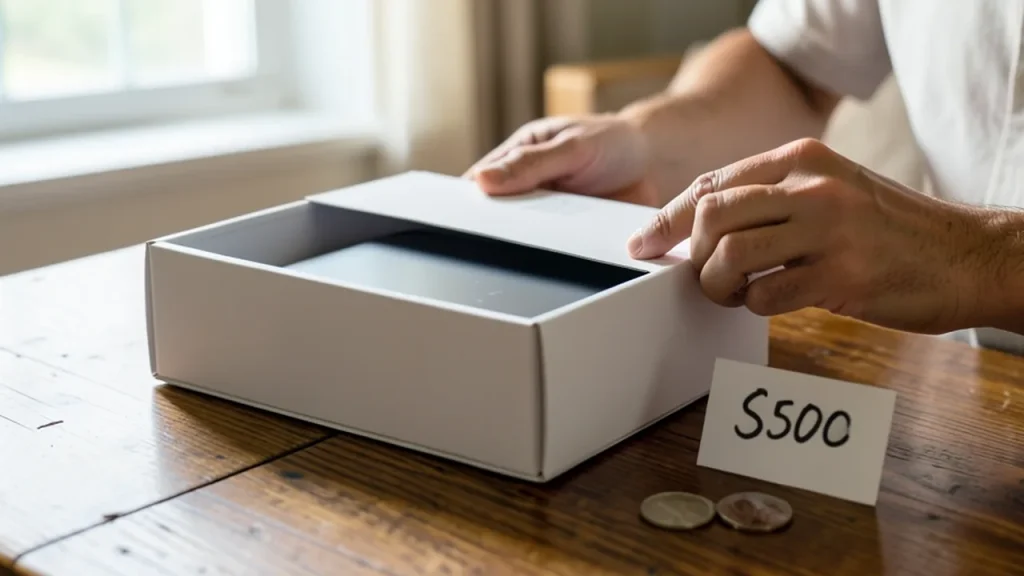 Hands unboxing HomeView with US price card and Canadian coin nearby