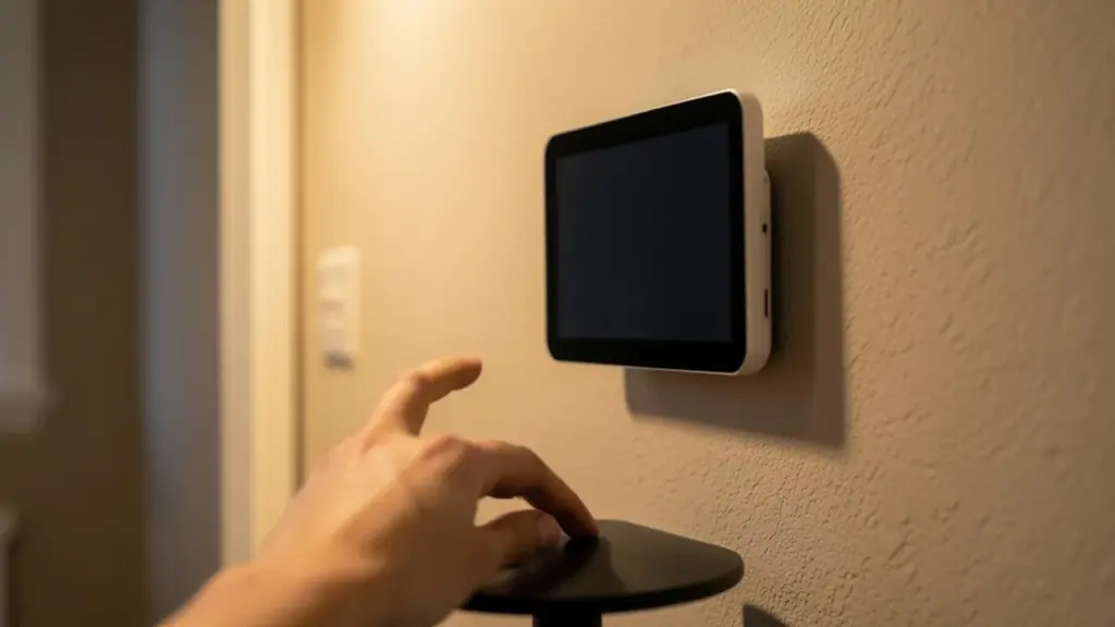 Wall-mounted 7-inch smart display at evening, hand reaching from below.