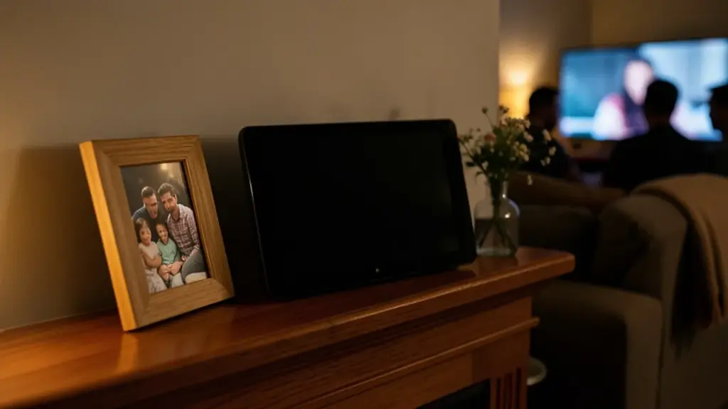 Smart display on mantel at night, framed photo nearby, silhouettes on sofa.