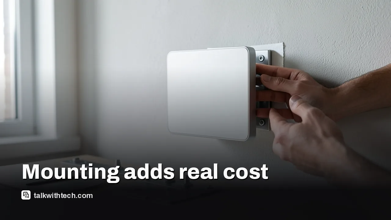 Wall-mounted smart display with mounting hardware and hands reaching to install it.