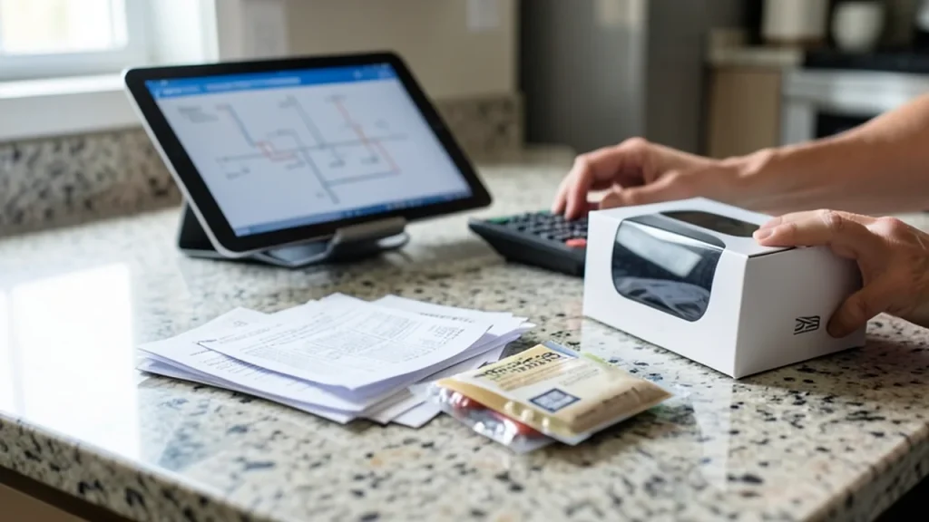Homeowner reviewing receipts and mounting hardware next to boxed smart display to calculate extra costs.