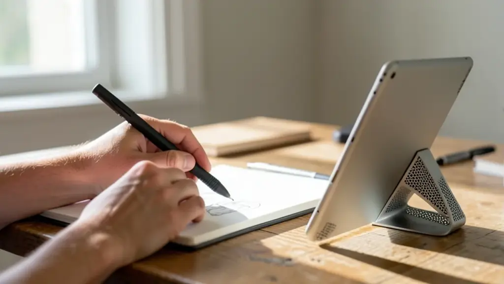 Hands sketching with a tablet showing redesigned speakers and larger display.