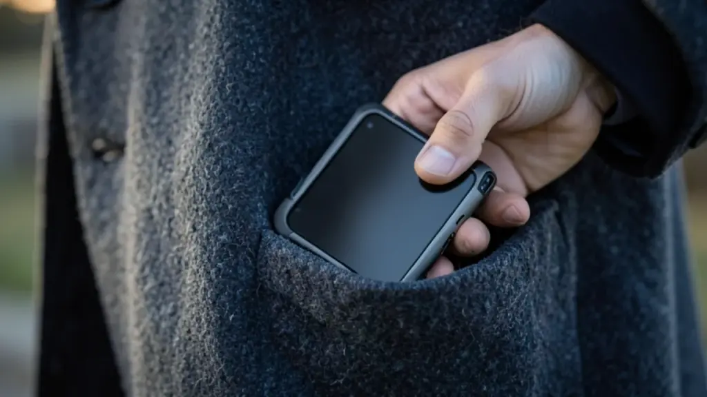 Hand lifting foldable phone from coat pocket, hinge and edge visible, dark screen turned away.